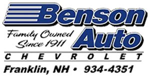 Benson auto - Here at Benson Auto Company we offer a wide selection of new Chevrolet and pre-owned vehicles. We've been serving the greater Belmont, Laconia, and Concord area since 1911, and have built a reputation of offering the highest quality vehicles, extremely competitive pricing, and the best customer support in the region. 